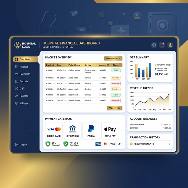 Hospital Billing software dashboard showing financial charts